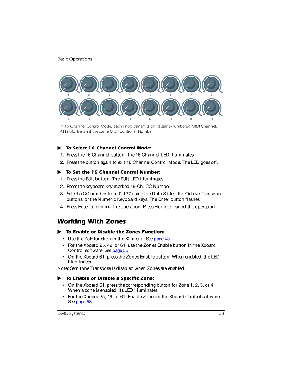 Creative E-MU manual Working With Zones, To Select 16 Channel Control Mode, To Set the 16 Channel Control Number 