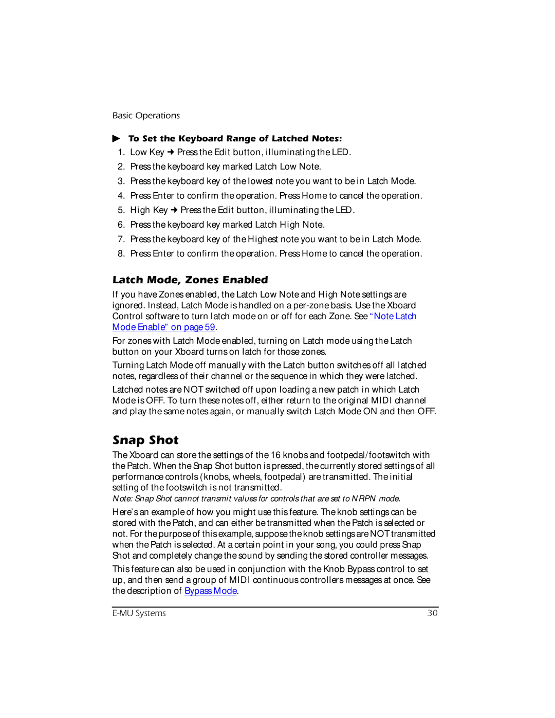 Creative E-MU manual Snap Shot, Latch Mode, Zones Enabled, To Set the Keyboard Range of Latched Notes 