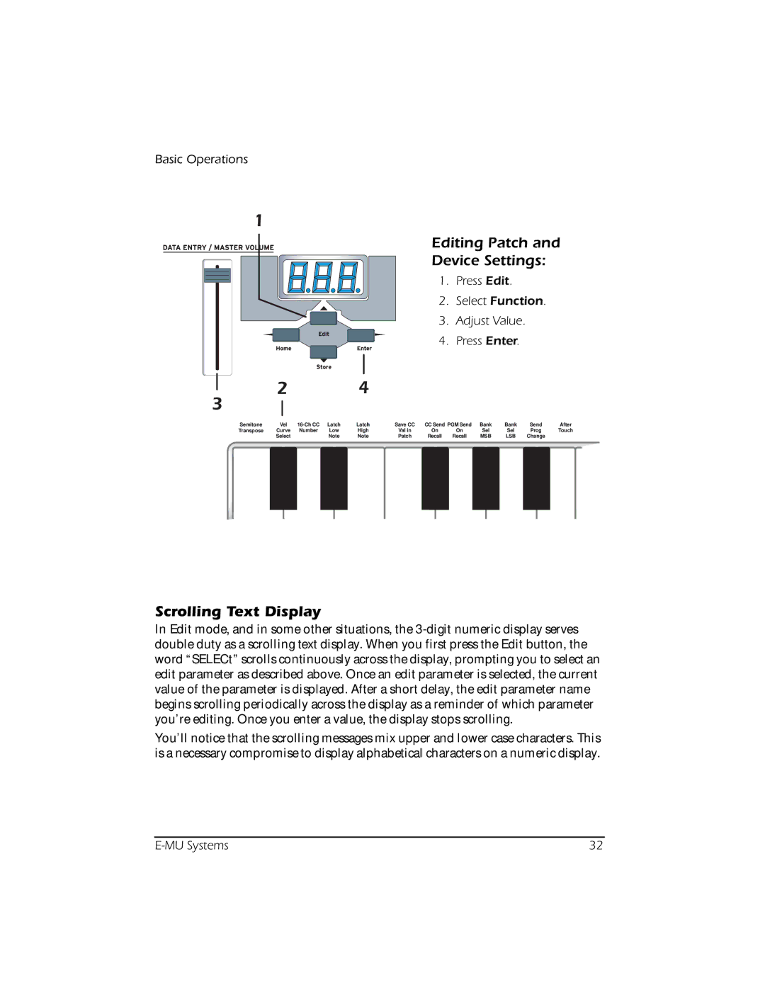 Creative E-MU manual Editing Patch Device Settings, Scrolling Text Display 