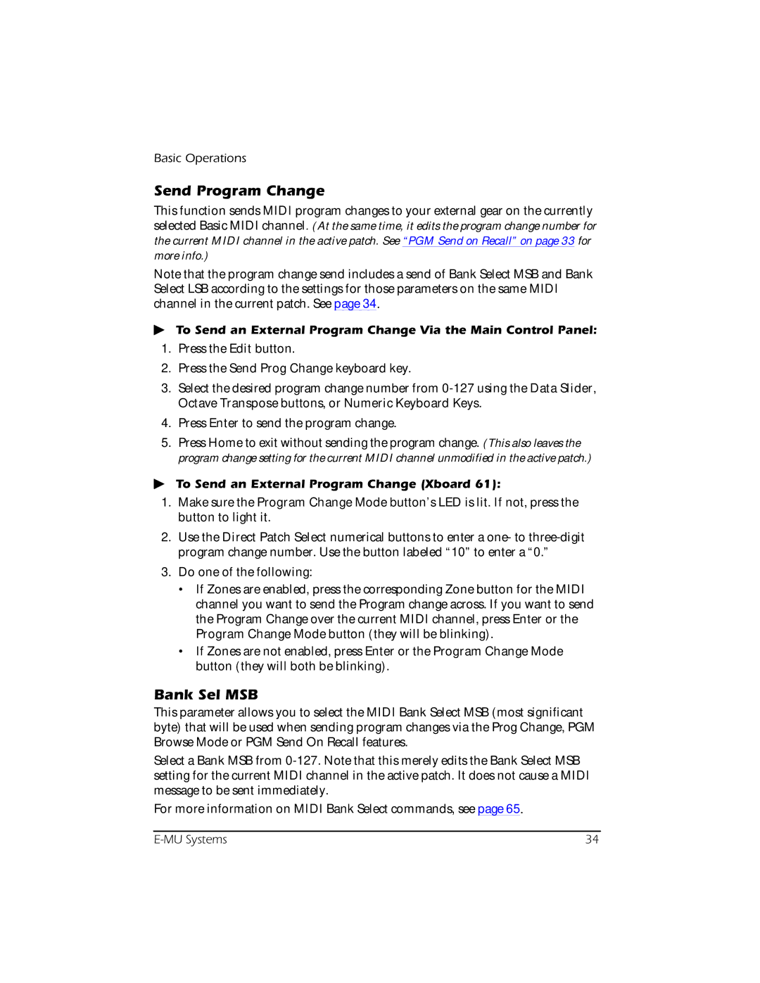 Creative E-MU manual Send Program Change, Bank Sel MSB, To Send an External Program Change Xboard 