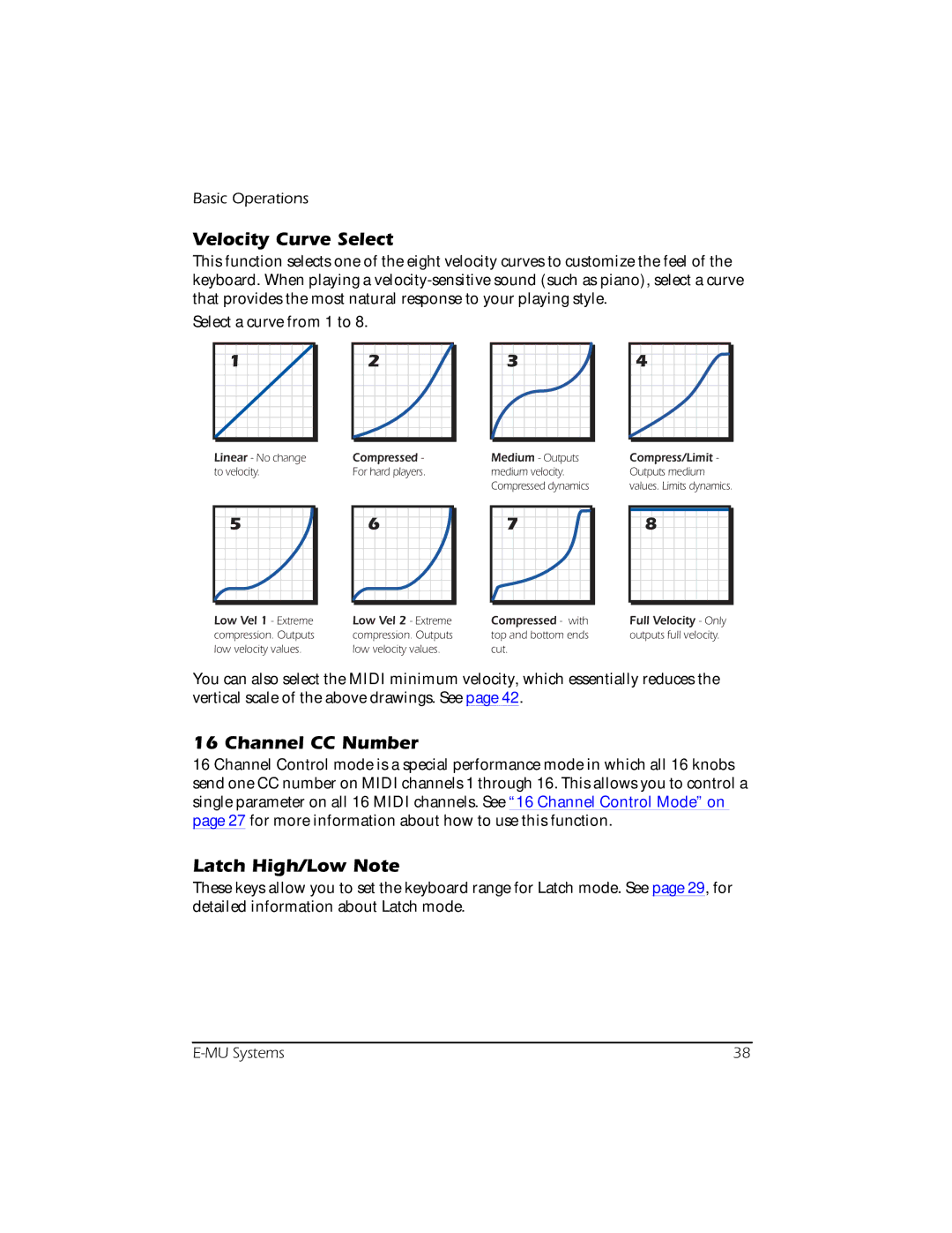 Creative E-MU manual Velocity Curve Select, Channel CC Number, Latch High/Low Note 