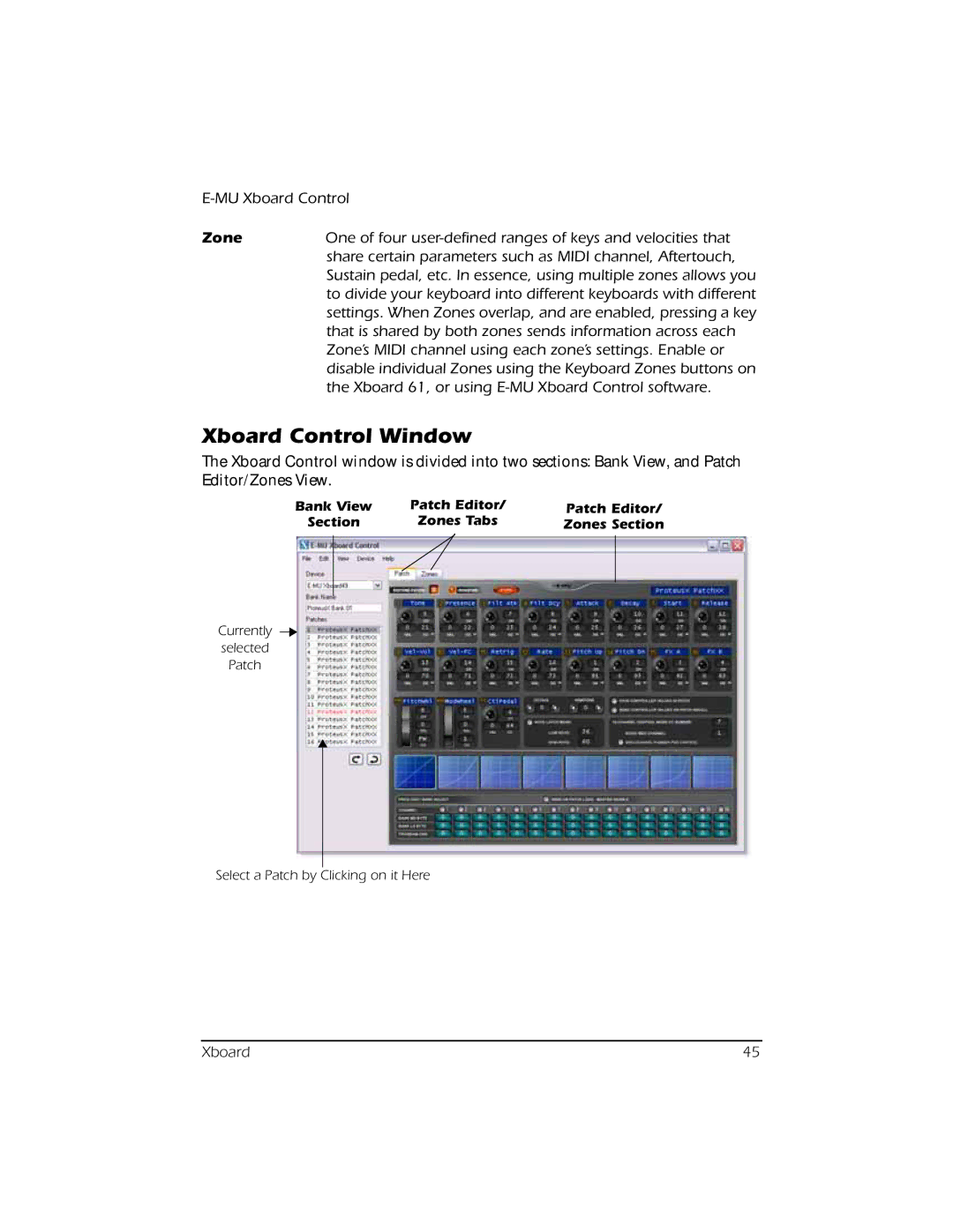 Creative E-MU manual Xboard Control Window, Zone 