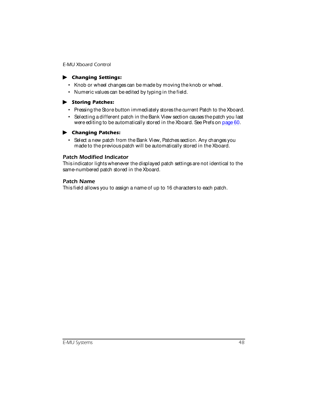 Creative E-MU manual Patch Modified Indicator, Patch Name, Changing Settings, Storing Patches, Changing Patches 