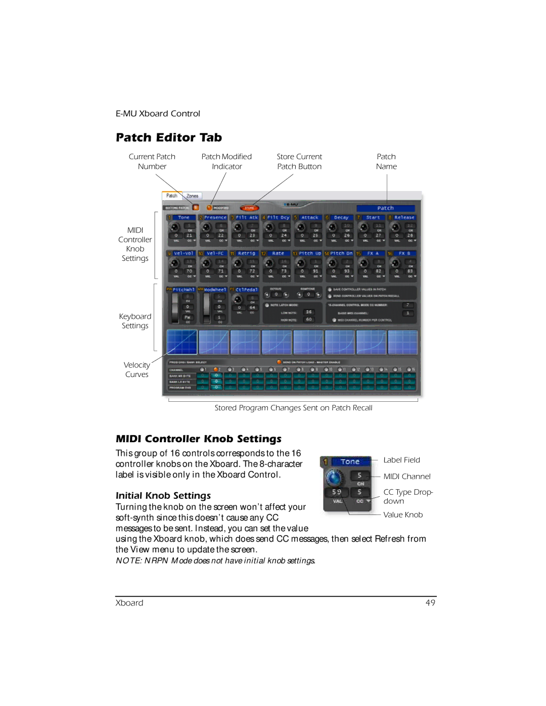 Creative E-MU manual Patch Editor Tab, Midi Controller Knob Settings, Initial Knob Settings 