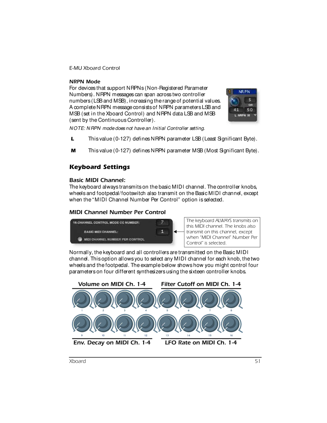 Creative E-MU manual Keyboard Settings, Basic Midi Channel, Midi Channel Number Per Control 