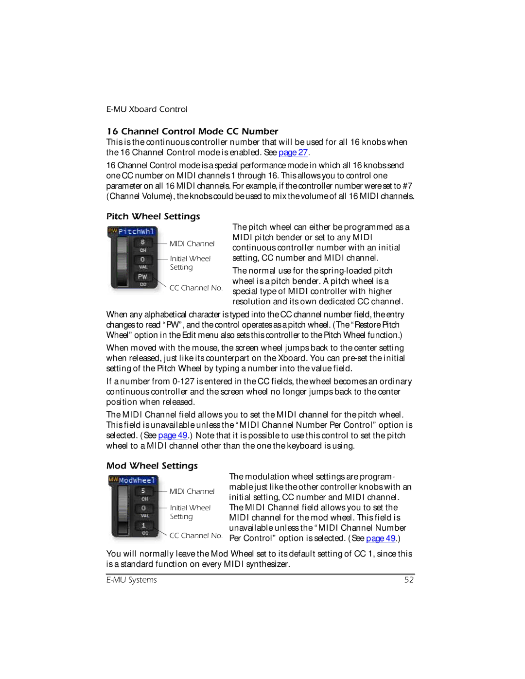 Creative E-MU manual Channel Control Mode CC Number, Pitch Wheel Settings, Mod Wheel Settings 