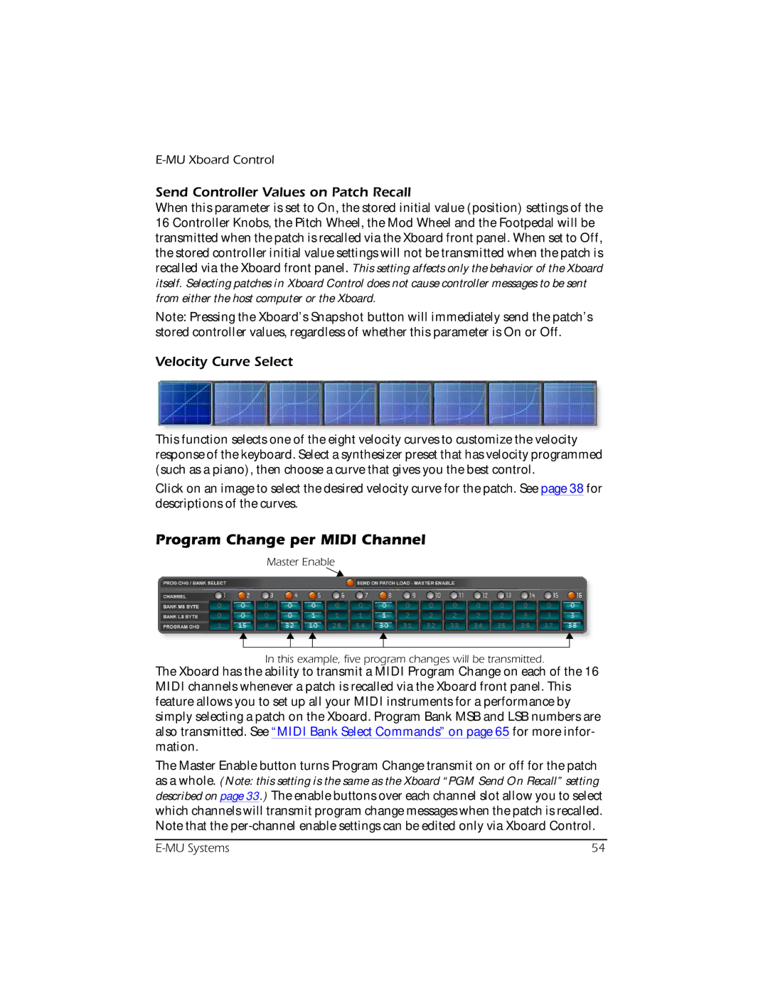 Creative E-MU manual Program Change per Midi Channel, Send Controller Values on Patch Recall, Velocity Curve Select 