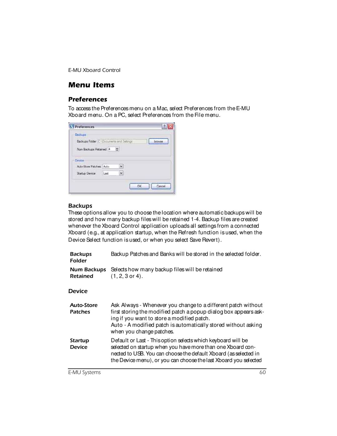 Creative E-MU manual Menu Items, Preferences, Backups, Device 