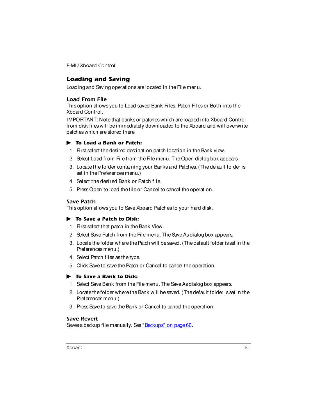 Creative E-MU manual Loading and Saving, Load From File, Save Patch, Save Revert 