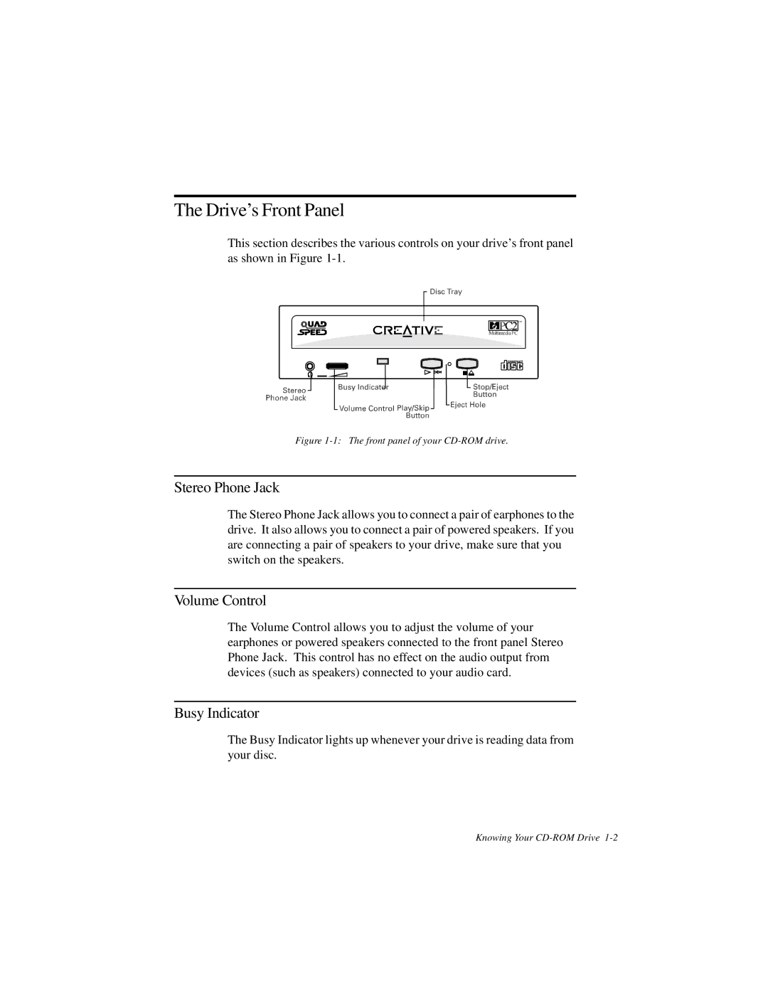 Creative GCD-R542B manual Drive’s Front Panel, Stereo Phone Jack, Volume Control, Busy Indicator 