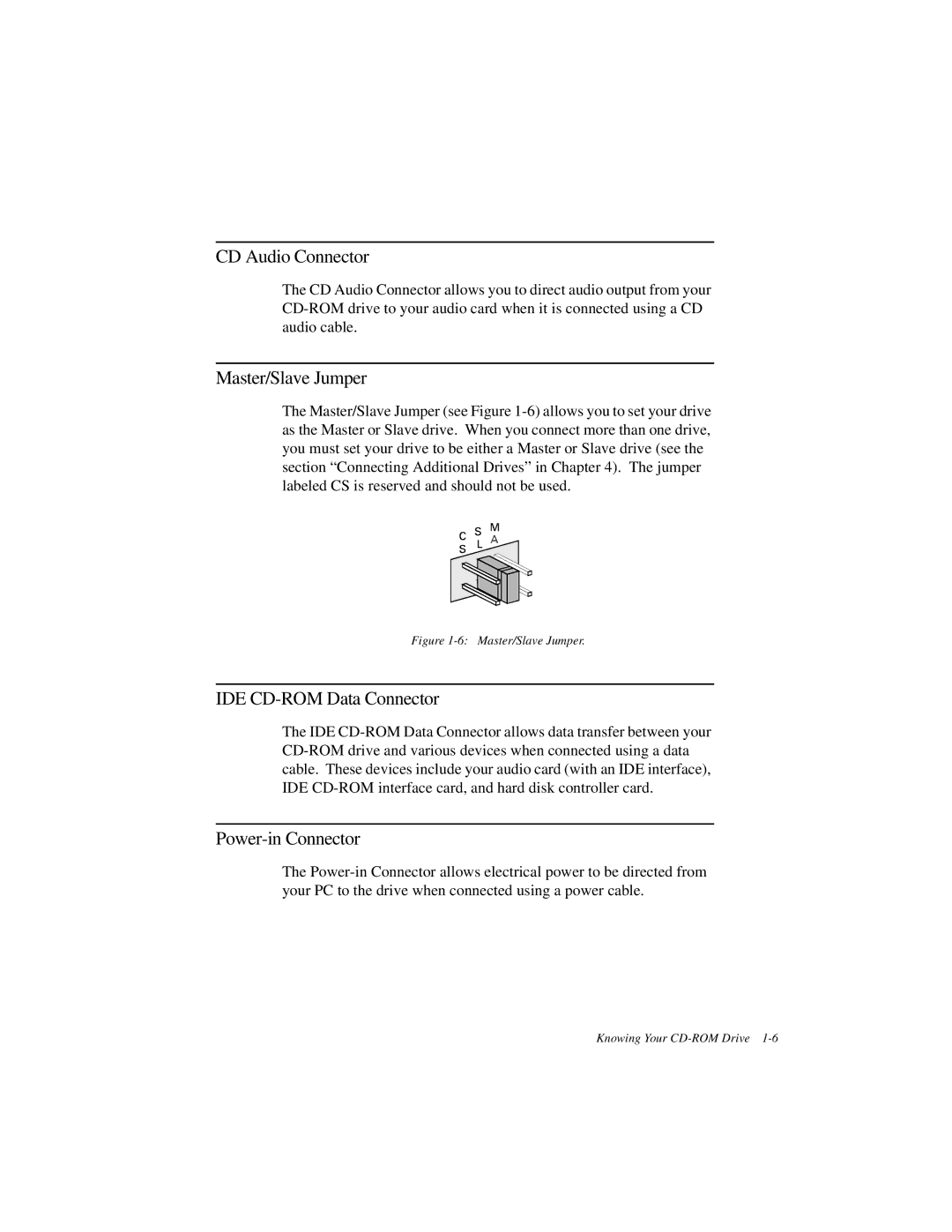 Creative GCD-R542B manual CD Audio Connector, Master/Slave Jumper, IDE CD-ROM Data Connector, Power-in Connector 