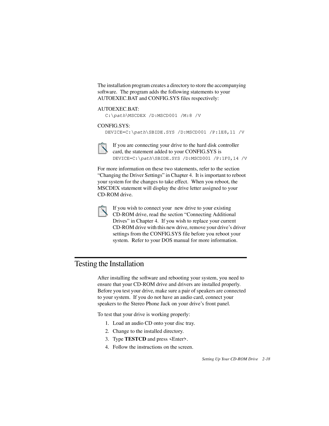 Creative GCD-R542B manual Testing the Installation, Config.Sys 