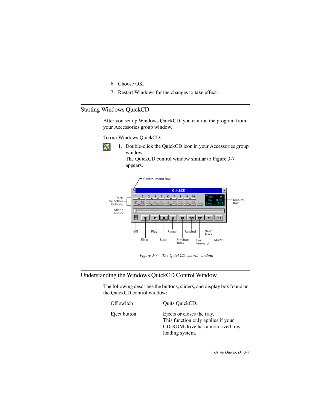 Creative GCD-R542B manual Starting Windows QuickCD, Understanding the Windows QuickCD Control Window 