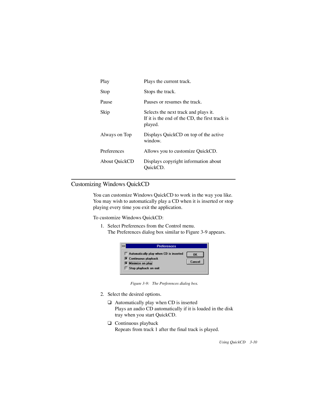 Creative GCD-R542B manual Customizing Windows QuickCD, Preferences dialog box 