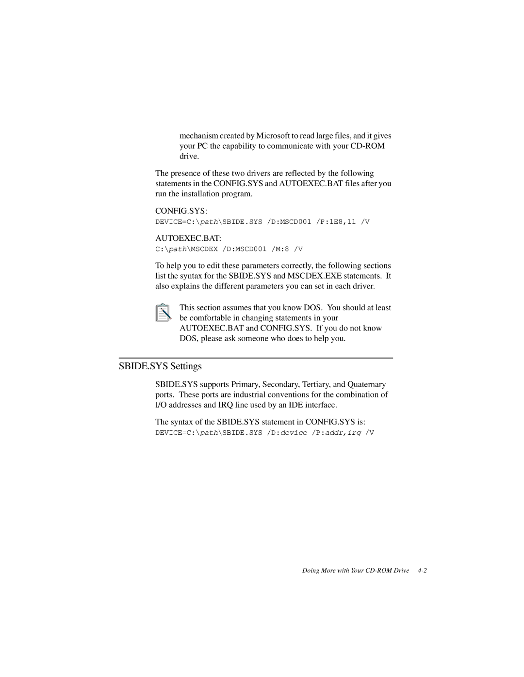 Creative GCD-R542B manual SBIDE.SYS Settings 