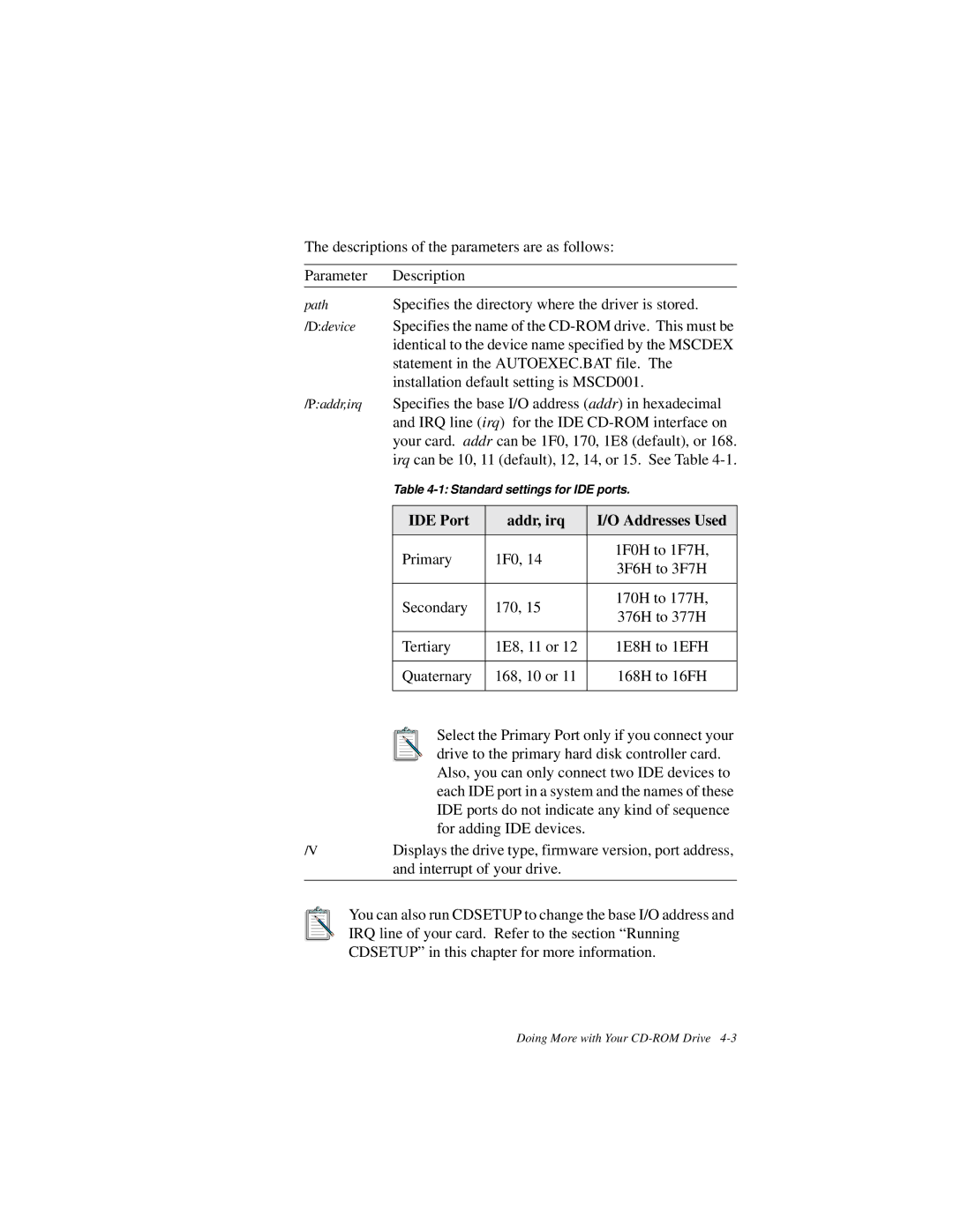 Creative GCD-R542B manual IDE Port Addr, irq Addresses Used 