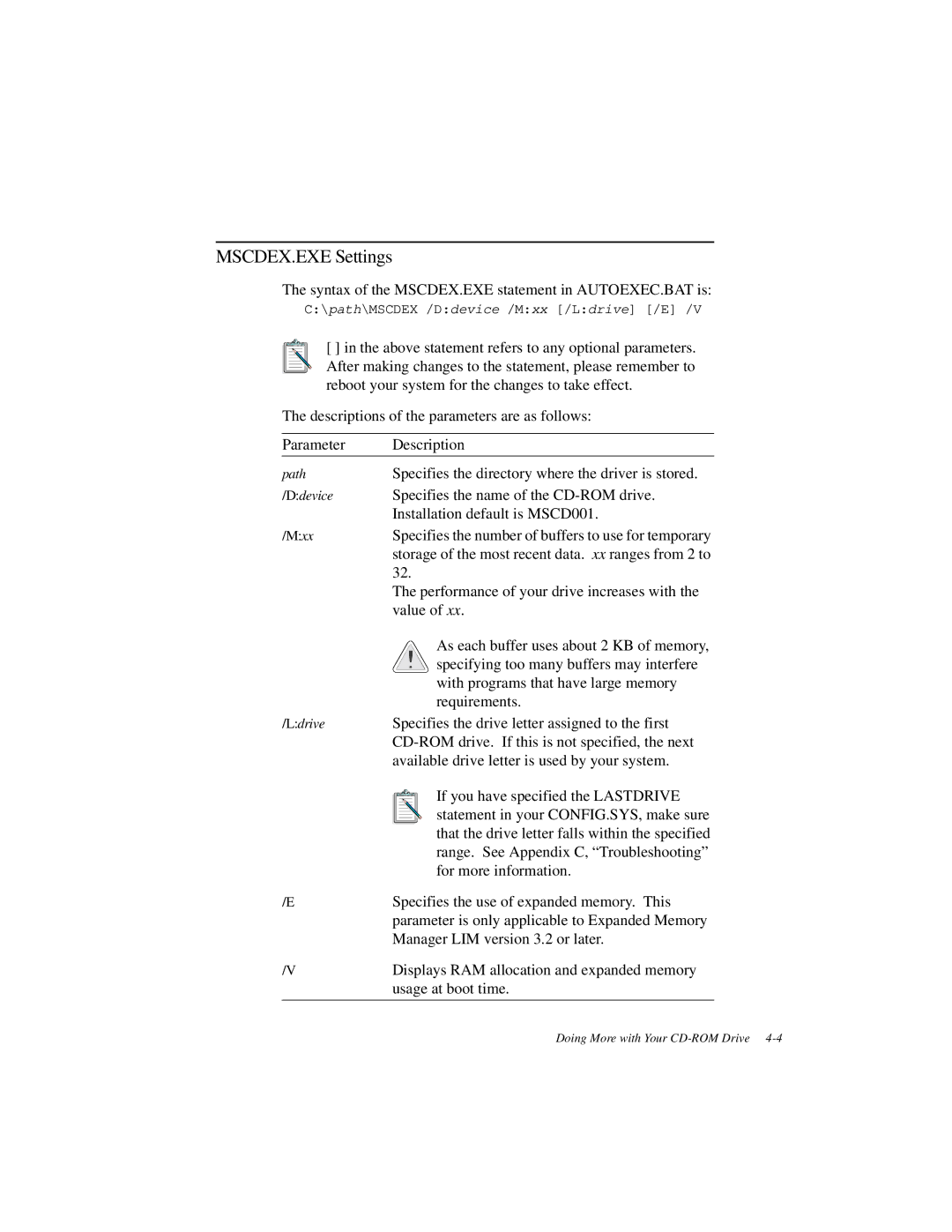 Creative GCD-R542B manual MSCDEX.EXE Settings 