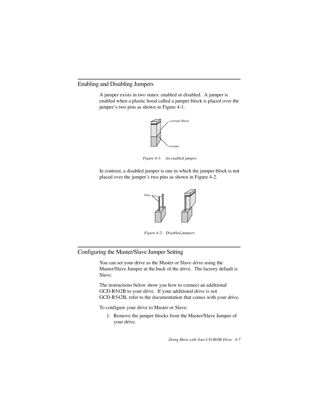 Creative GCD-R542B manual Enabling and Disabling Jumpers, Configuring the Master/Slave Jumper Setting 