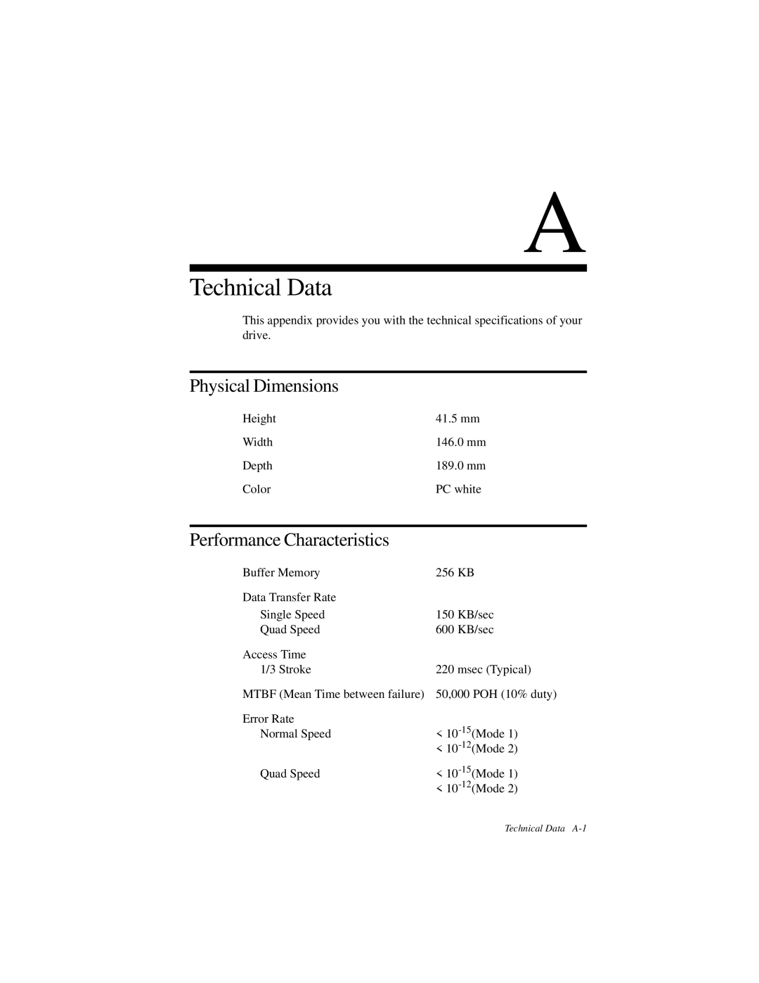 Creative GCD-R542B manual Technical Data, Physical Dimensions, Performance Characteristics 