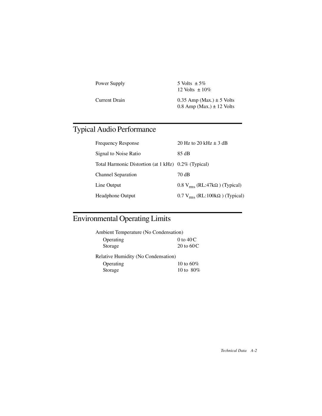 Creative GCD-R542B manual Typical Audio Performance, Environmental Operating Limits 