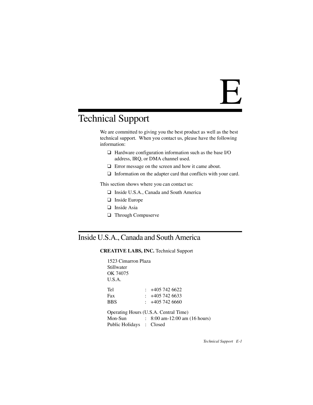 Creative GCD-R542B manual Technical Support, Inside U.S.A., Canada and South America 