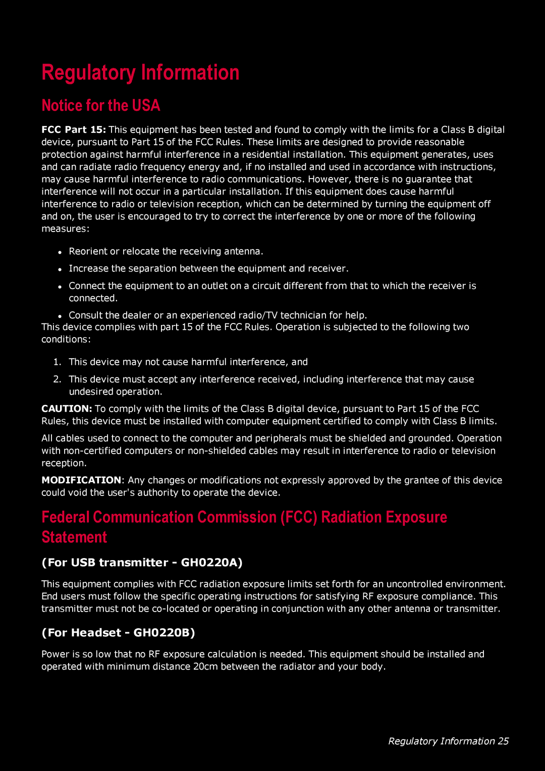 Creative manual Regulatory Information, For USB transmitter GH0220A, For Headset GH0220B 