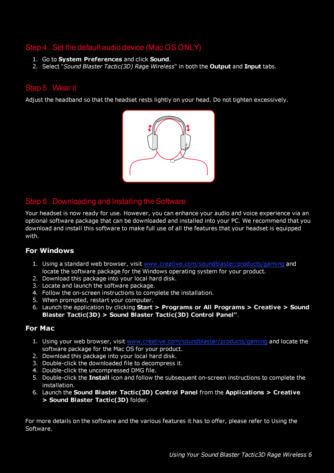 Creative GH0220A Set the default audio device Mac OS only, Wear it, Downloading and Installing the Software, For Windows 