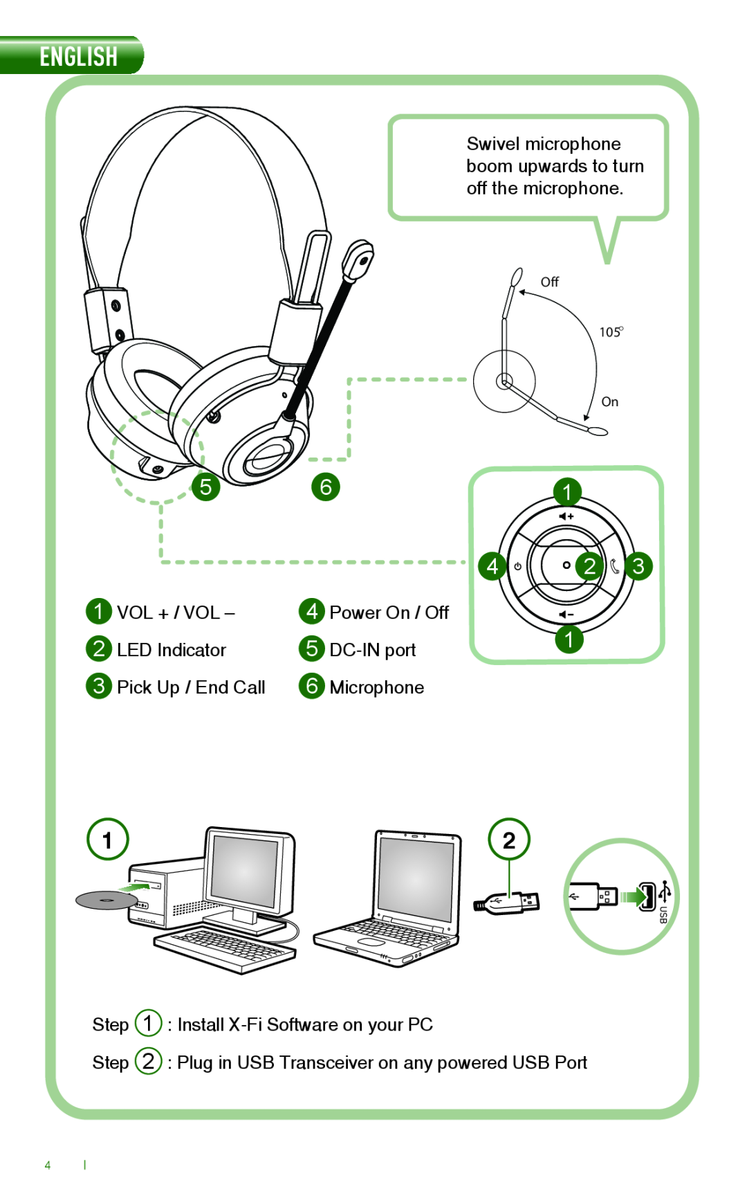 Creative HS-1200 Install X-FiSoftware on your PC, English, Swivel microphone, boom upwards to turn, Vol + / Vol, DC-INport 