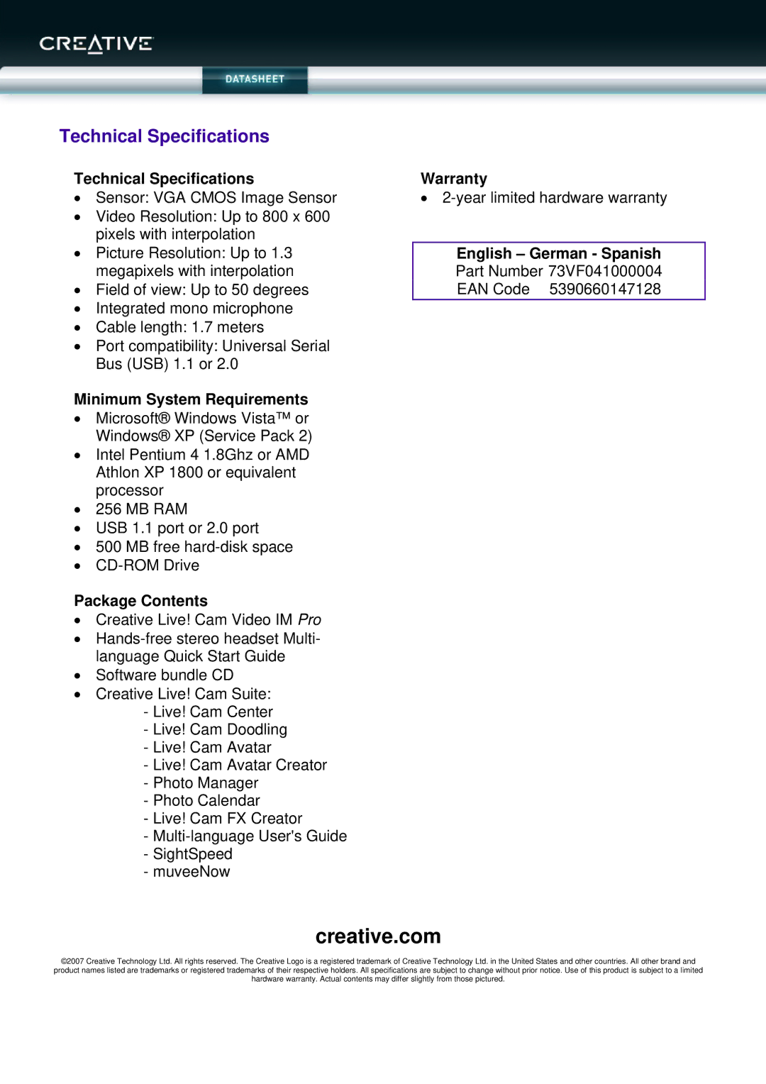 Creative IM Pro manual Technical Specifications 