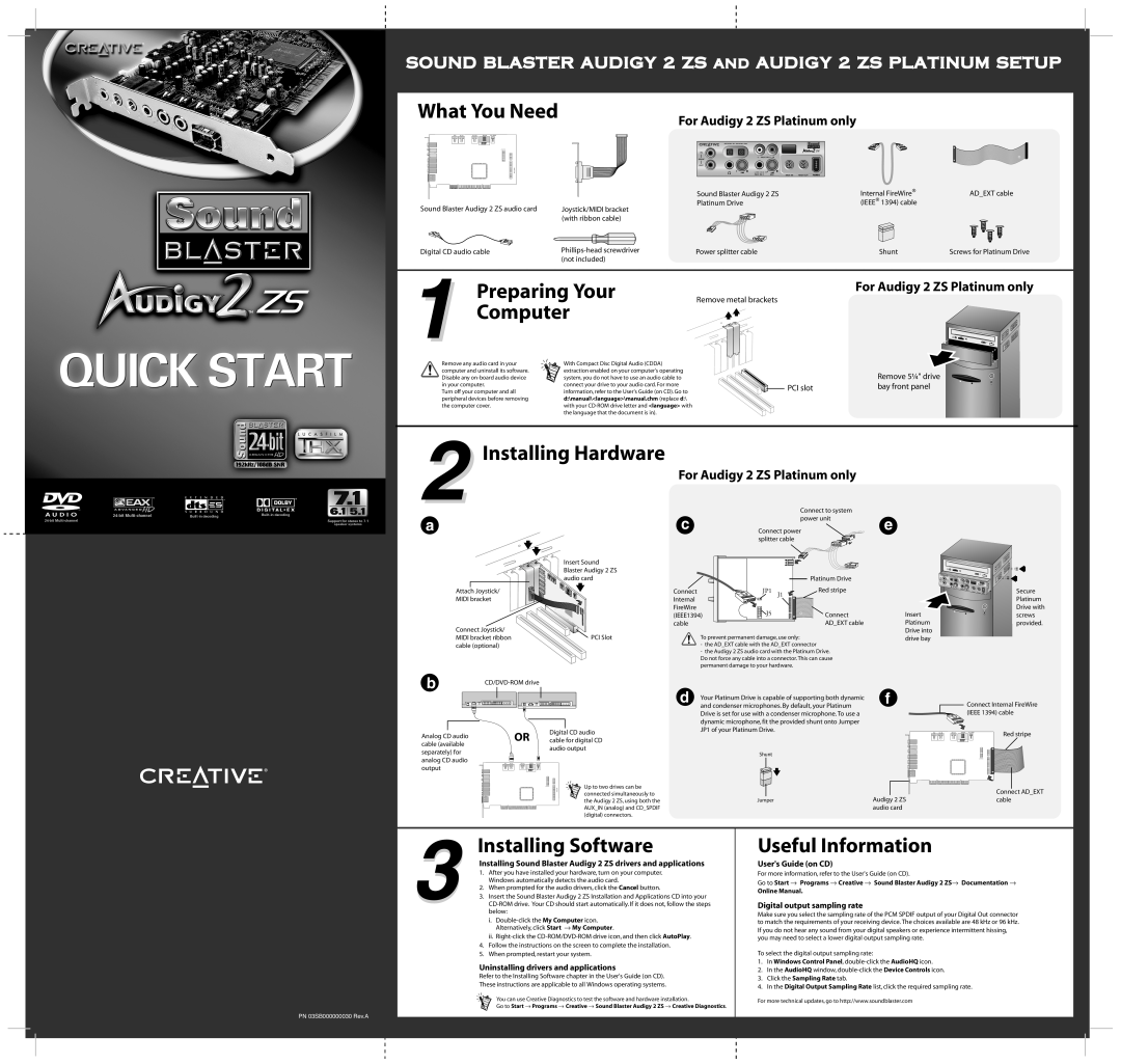 Creative Labs 2ZS manual What You Need, Preparing Your, Computer, Installing Hardware, Installing Software 