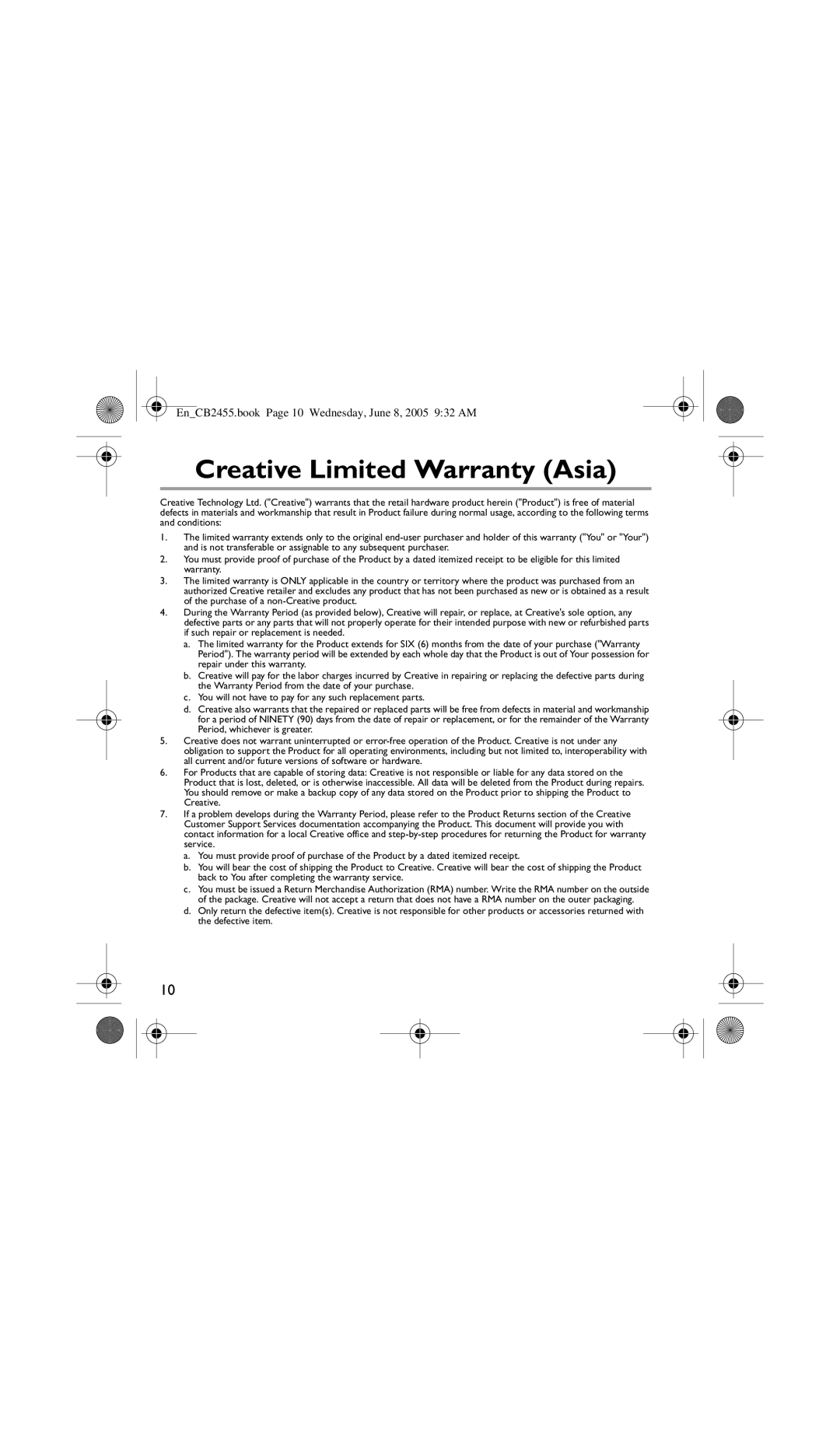 Creative Labs CB2455 manual Creative Limited Warranty Asia 