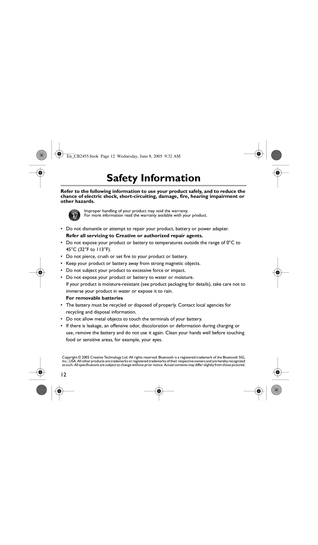 Creative Labs CB2455 manual Safety Information, Refer all servicing to Creative or authorized repair agents 