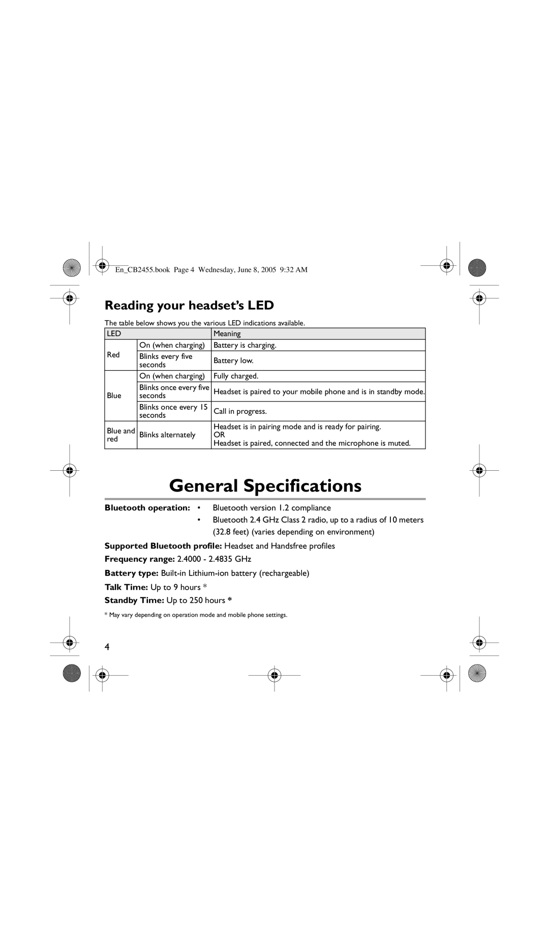 Creative Labs CB2455 manual General Specifications, Reading your headset’s LED 