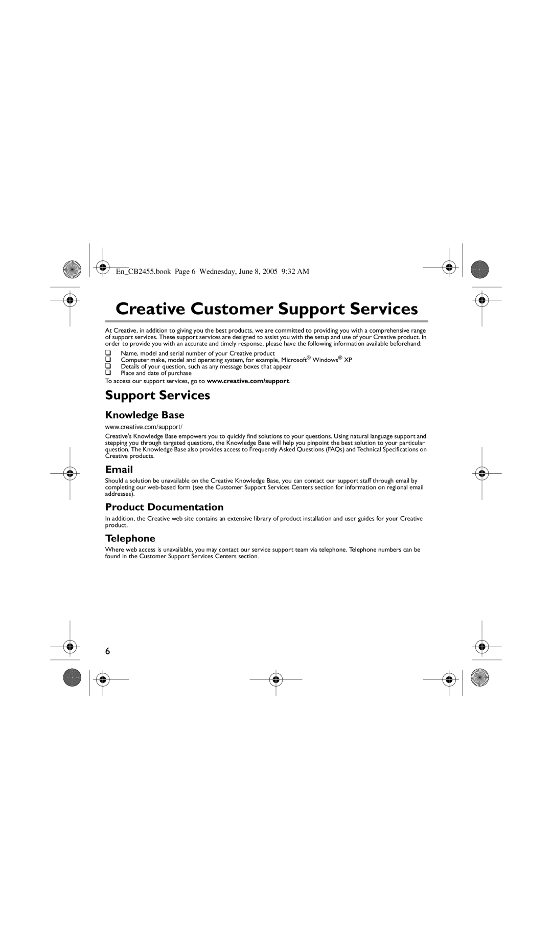 Creative Labs CB2455 manual Support Services, Knowledge Base, Product Documentation, Telephone 