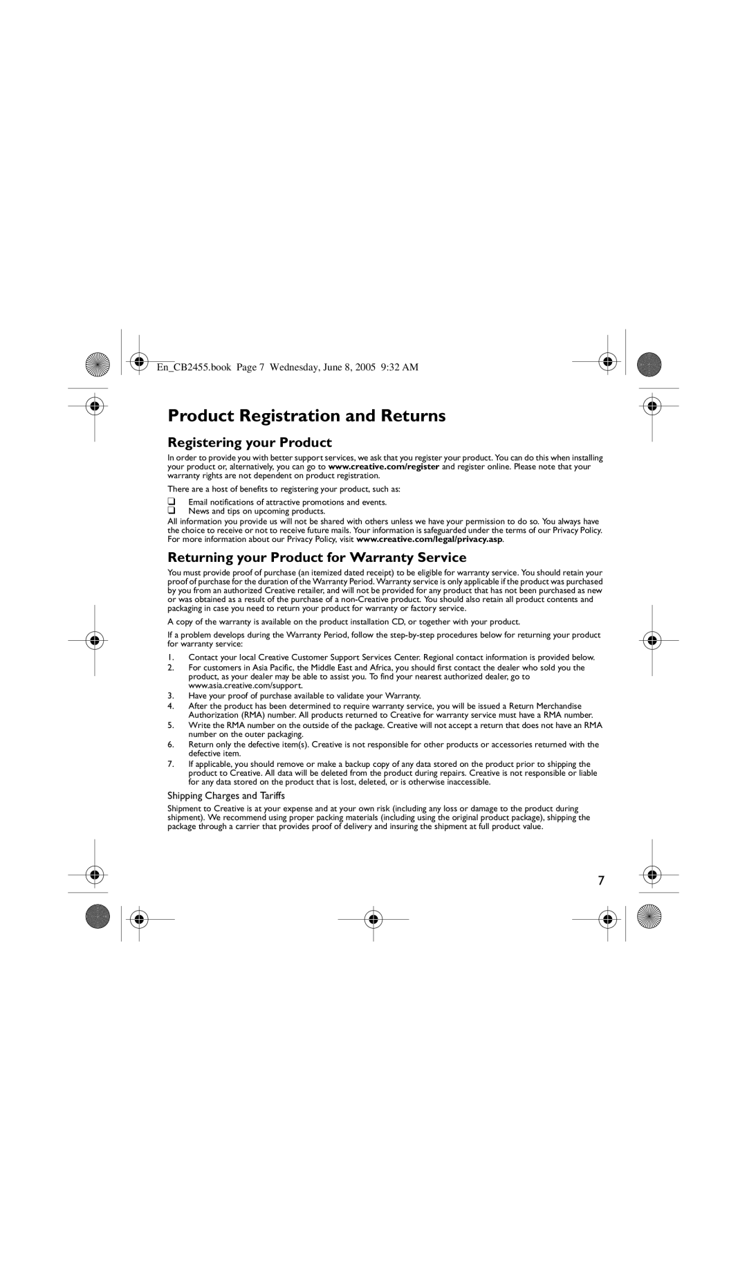 Creative Labs CB2455 manual Product Registration and Returns, Registering your Product, Shipping Charges and Tariffs 