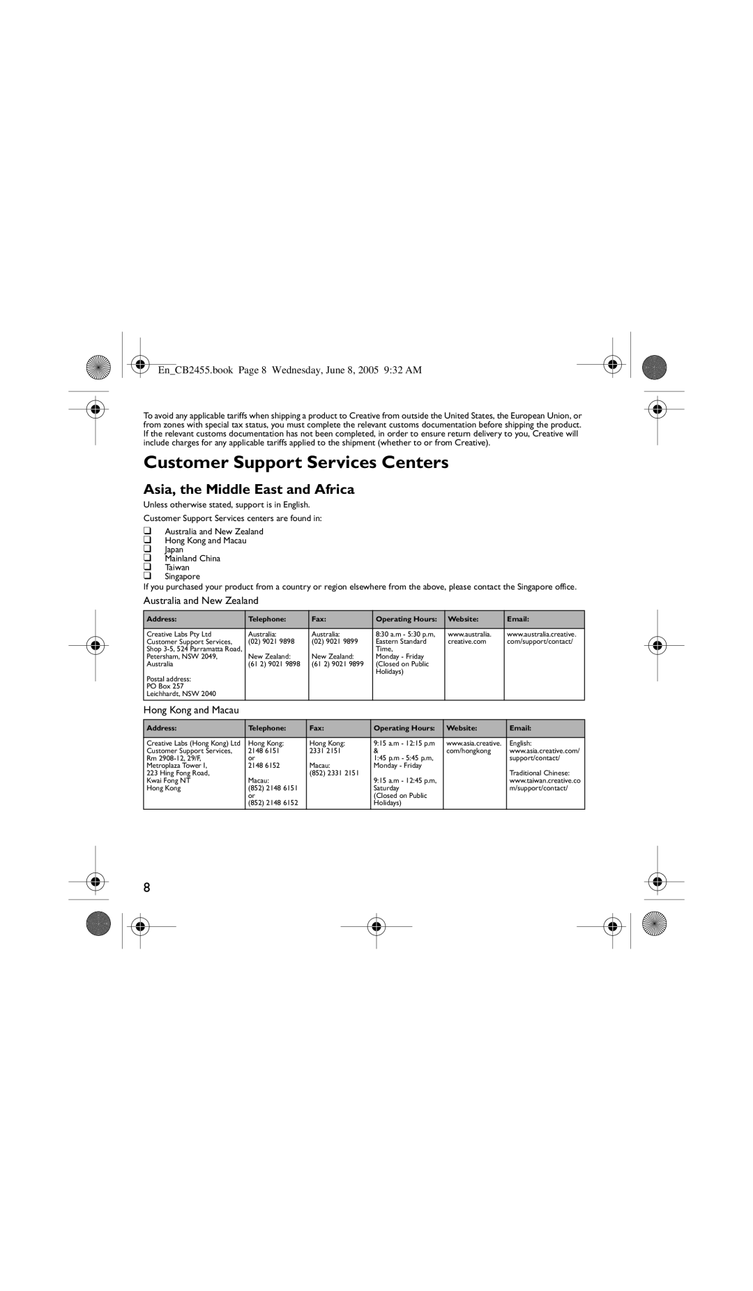 Creative Labs CB2455 manual Customer Support Services Centers, Asia, the Middle East and Africa, Australia and New Zealand 