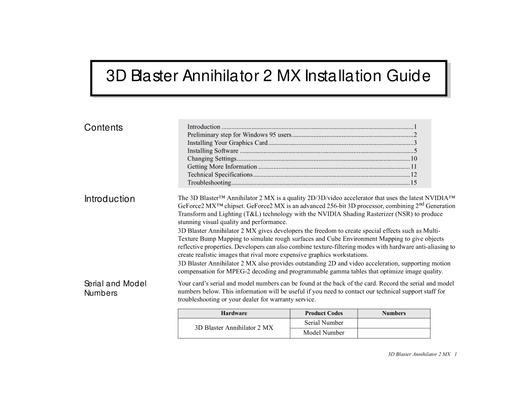 Creative Labs GB0050 manual 3D Blaster Annihilator 2 MX Installation Guide, Contents Introduction 