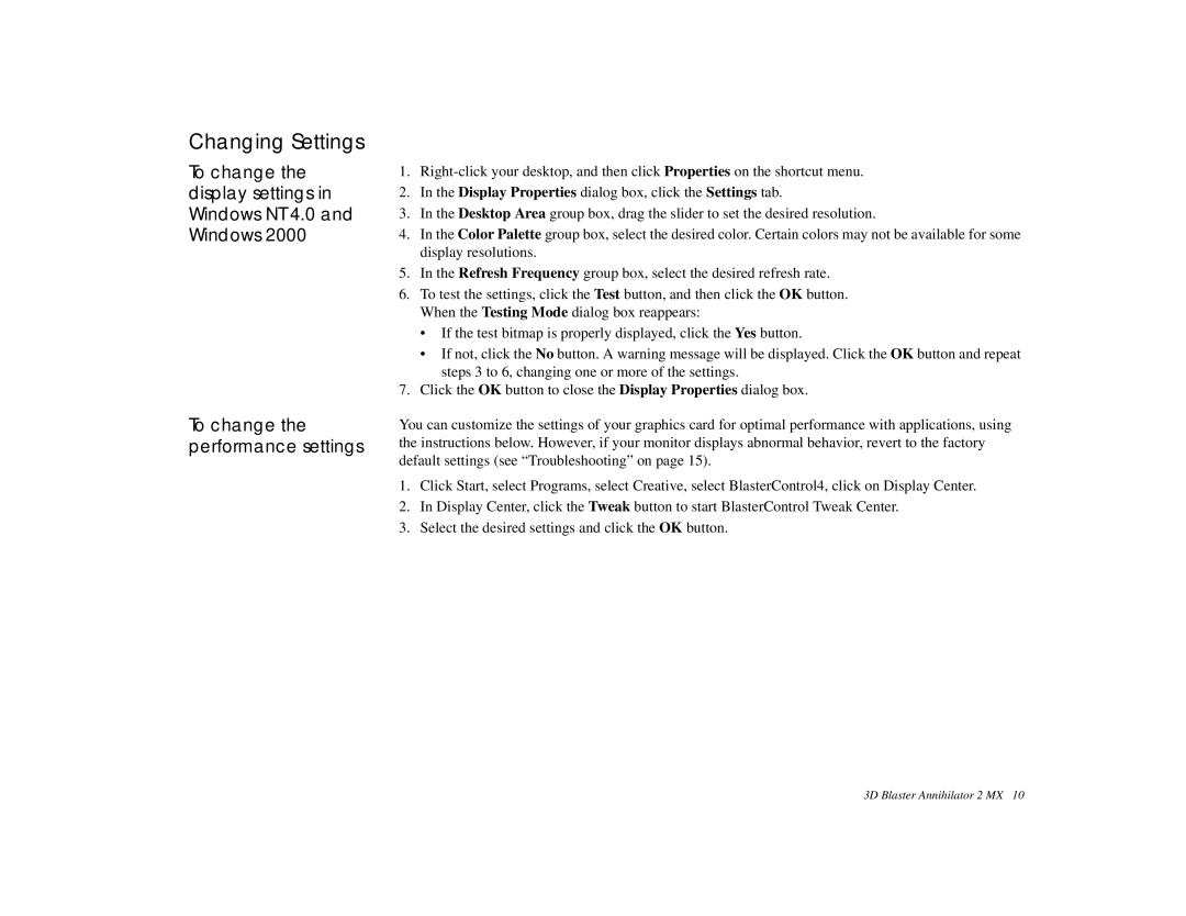 Creative Labs GB0050 manual Changing Settings 