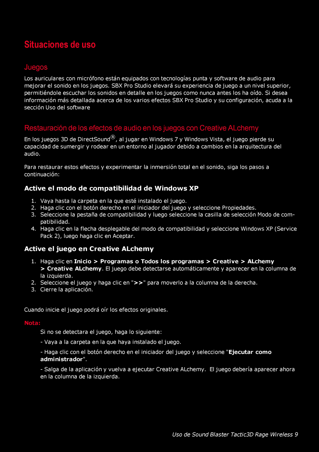 Creative Labs GH0220A manual Situaciones de uso, Juegos, Active el modo de compatibilidad de Windows XP 