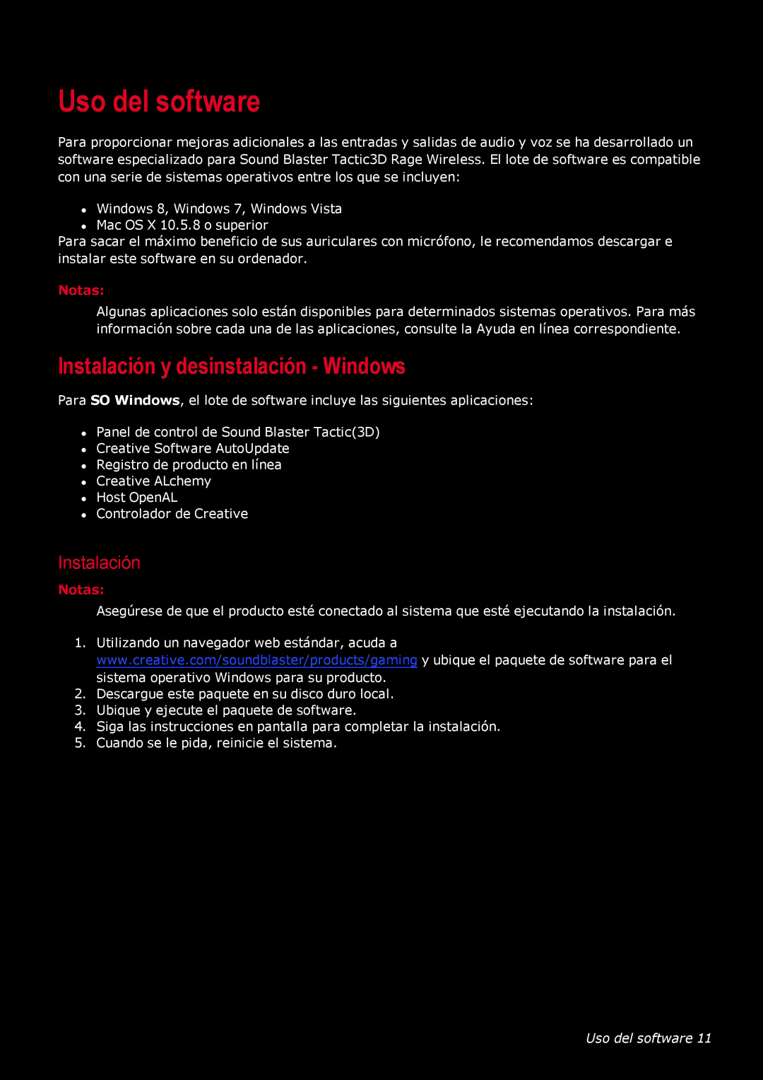 Creative Labs GH0220A manual Uso del software, Instalación y desinstalación Windows 