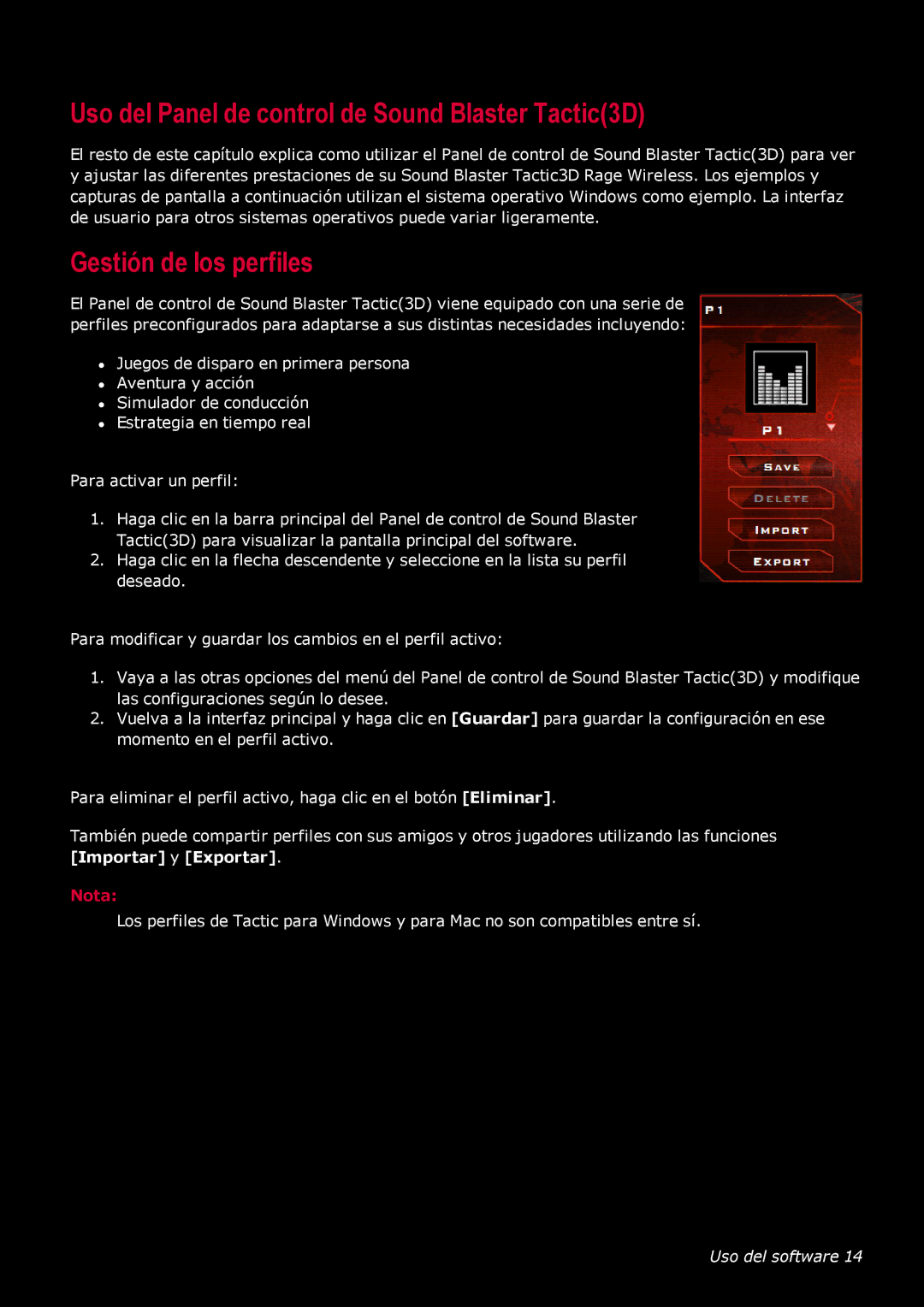 Creative Labs GH0220A manual Uso del Panel de control de Sound Blaster Tactic3D, Gestión de los perfiles 