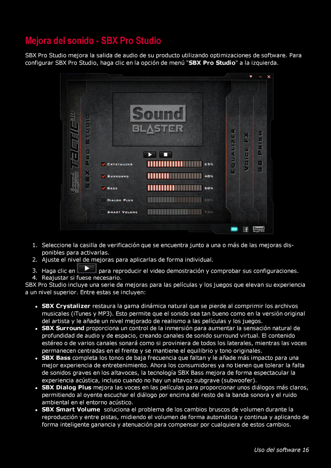 Creative Labs GH0220A manual Mejora del sonido SBX Pro Studio 