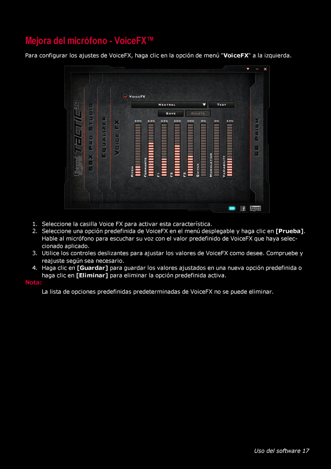 Creative Labs GH0220A manual Mejora del micrófono VoiceFX 