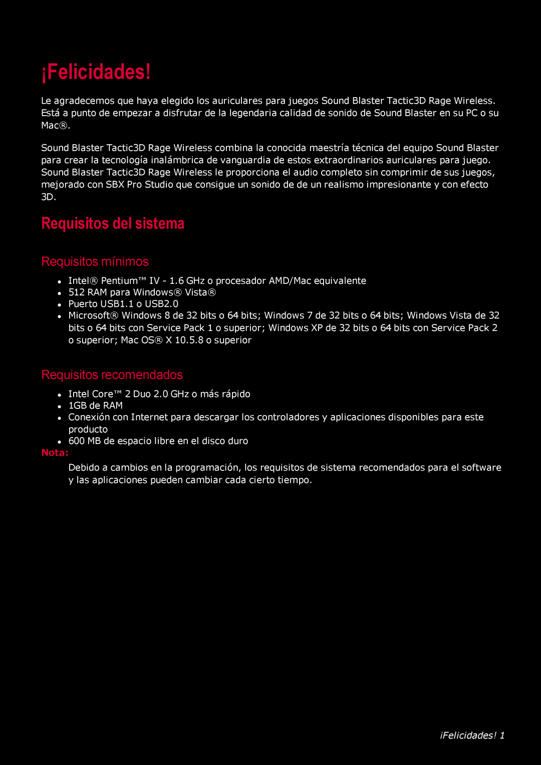 Creative Labs GH0220A manual ¡Felicidades, Requisitos del sistema, Requisitos mínimos, Requisitos recomendados 