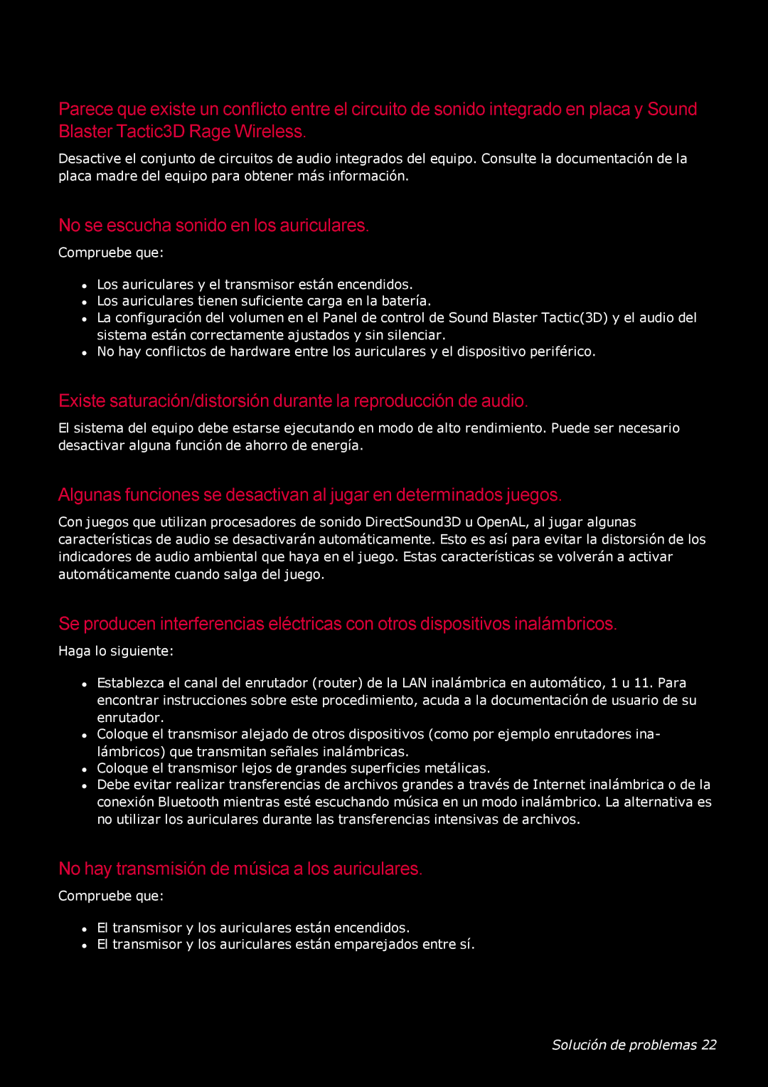 Creative Labs GH0220A manual No se escucha sonido en los auriculares, No hay transmisión de música a los auriculares 