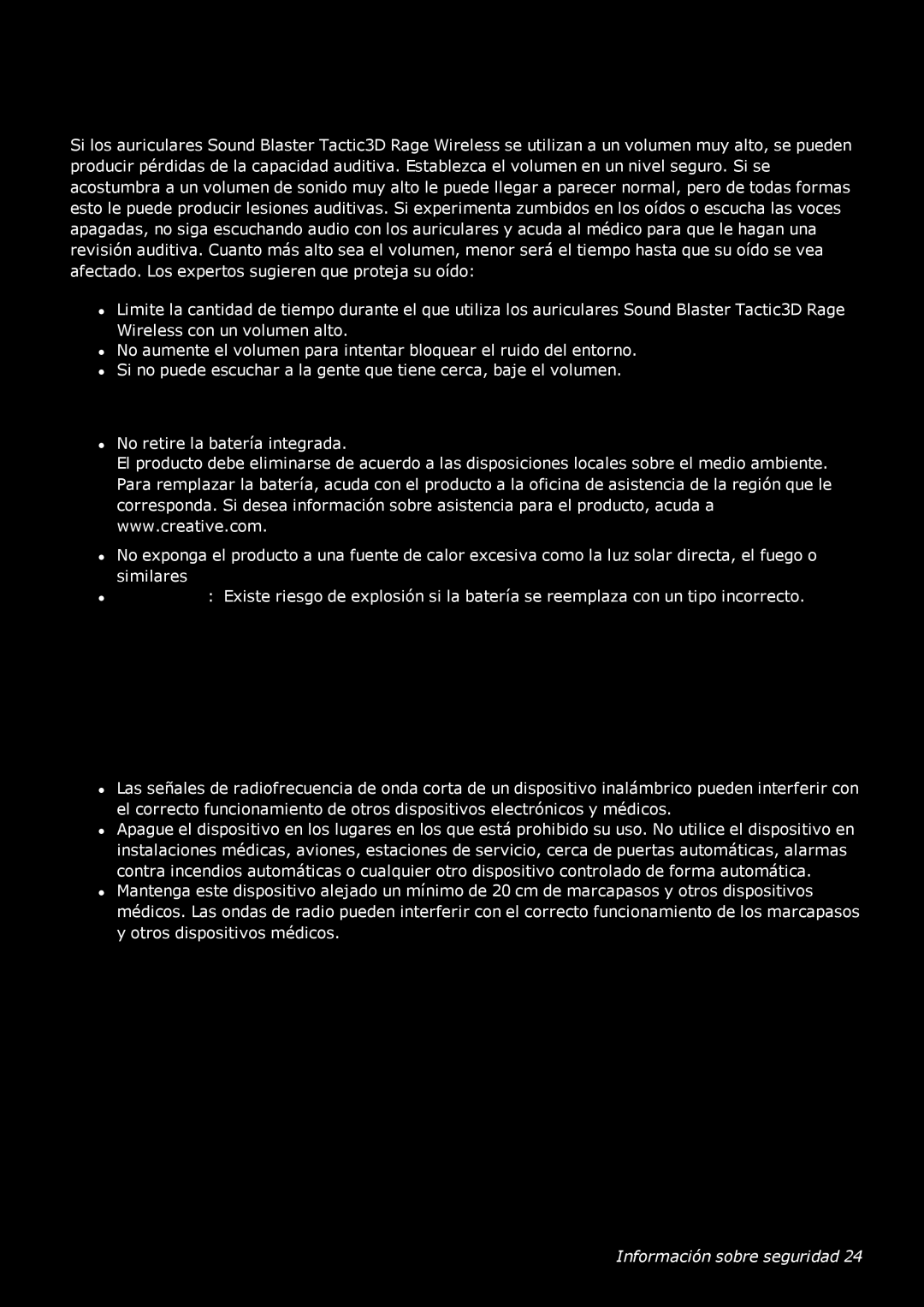 Creative Labs GH0220A manual Evite las lesiones auditivas, Batería integrada, Dispositivo inalámbrico 