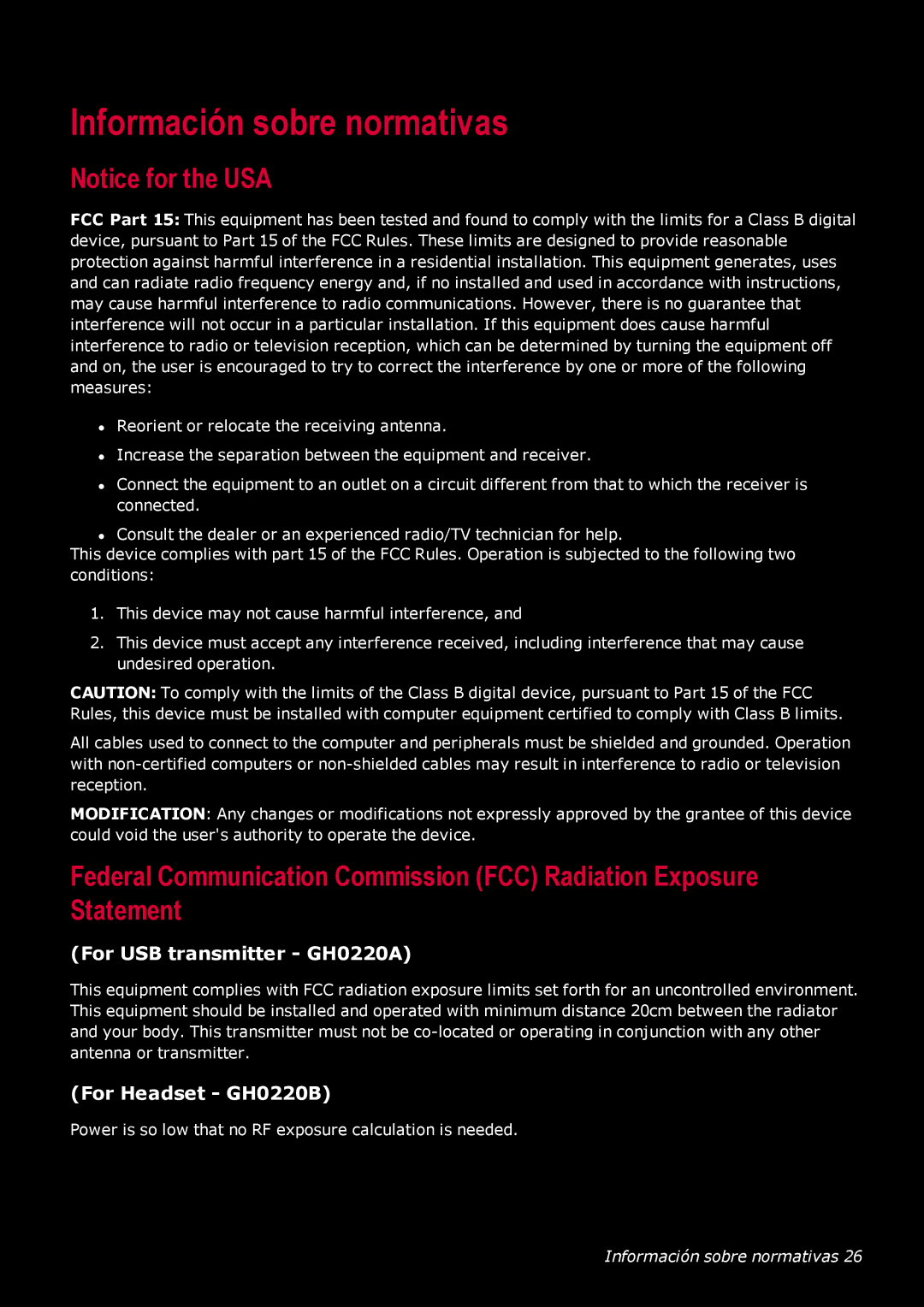 Creative Labs manual Información sobre normativas, For USB transmitter GH0220A, For Headset GH0220B 