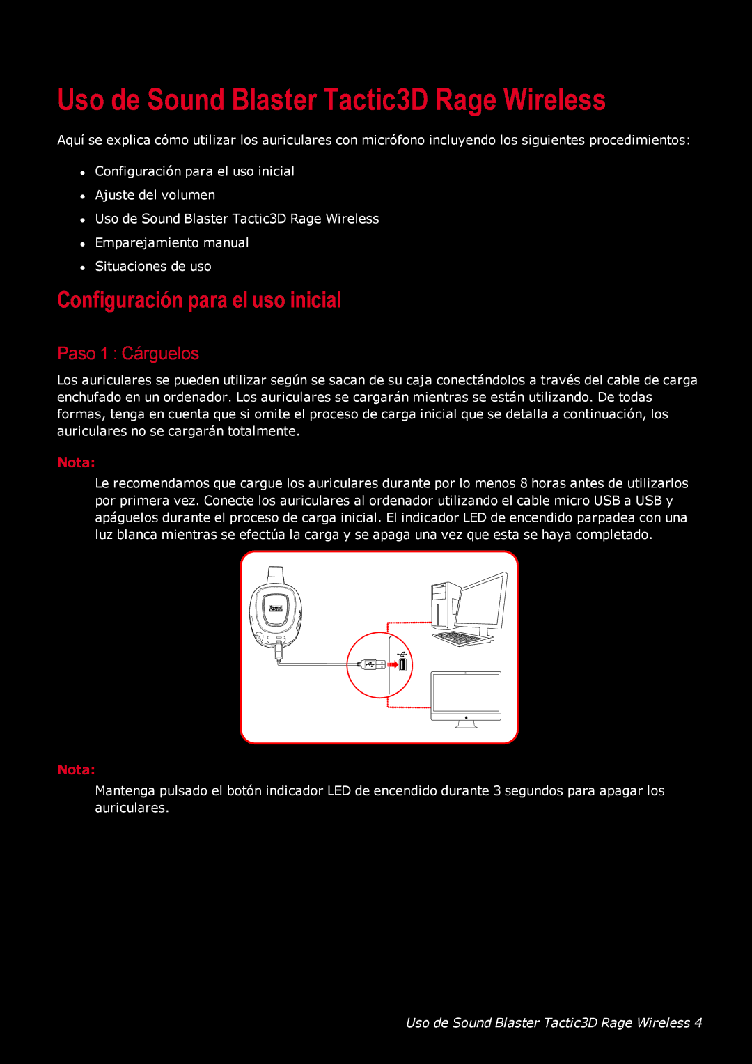 Creative Labs GH0220A Uso de Sound Blaster Tactic3D Rage Wireless, Configuración para el uso inicial, Paso 1 Cárguelos 