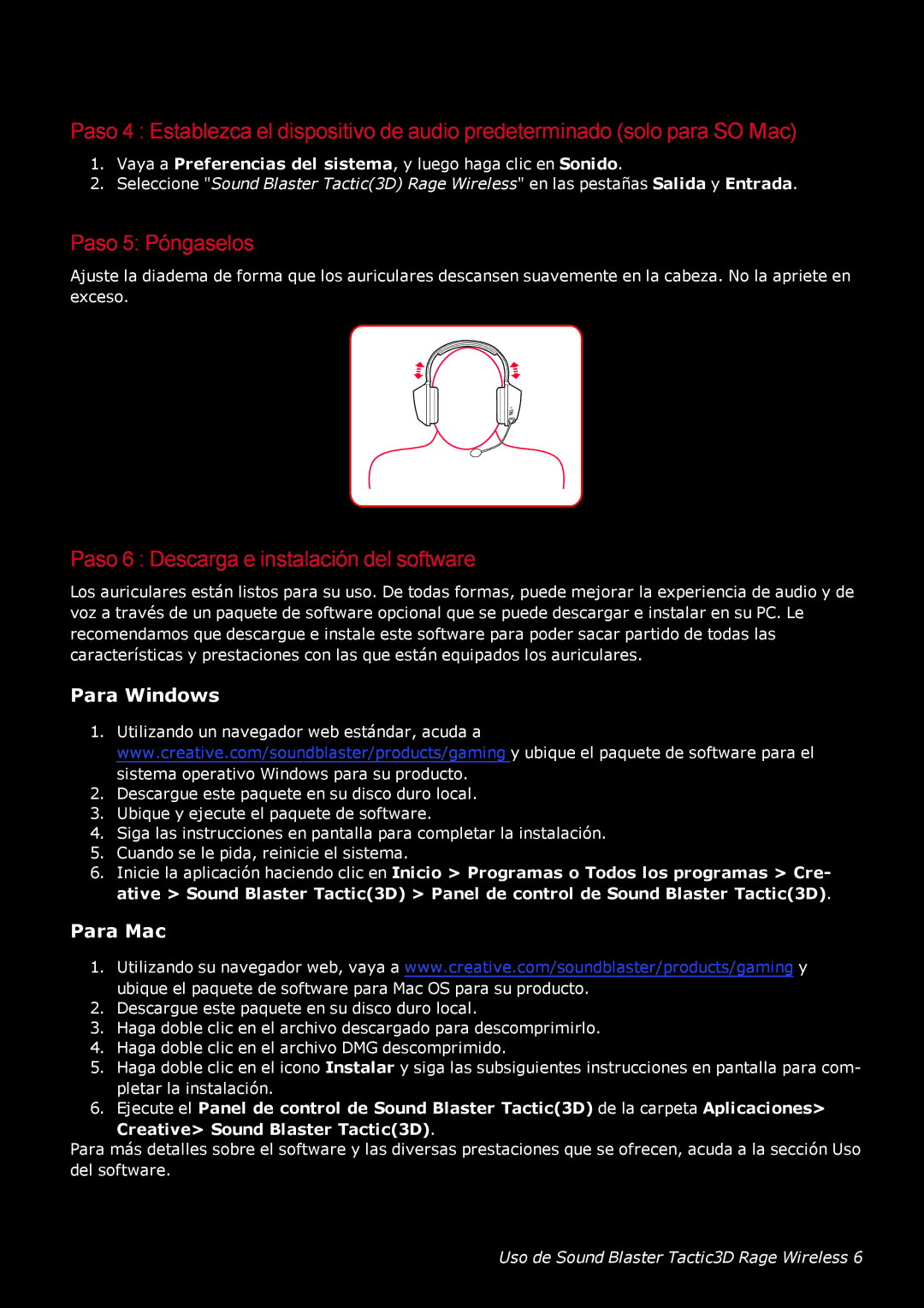 Creative Labs GH0220A manual Paso 5 Póngaselos, Paso 6 Descarga e instalación del software, Para Windows, Para Mac 