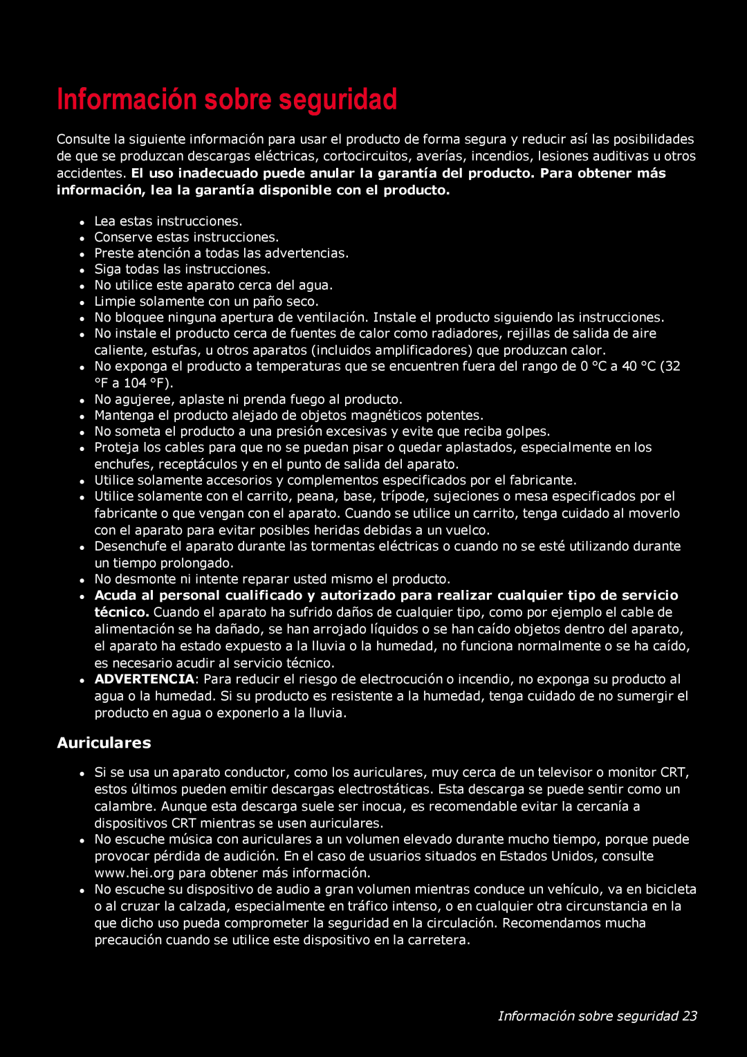 Creative Labs GH0220A manual Información sobre seguridad, Auriculares 